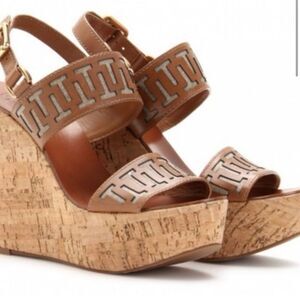 Tory Burch REGAN T Logo cutout cork wedges